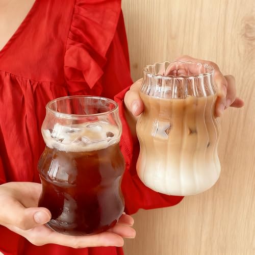 2 Pcs Ribbed Glass Cups 18 oz - Aesthetic Wavy Iced Coffee & Matcha Glasses