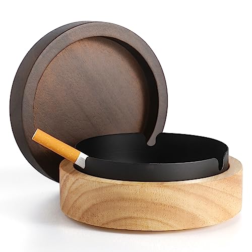 Wooden Ashtray with Lid and Stainless Steel Liner, Windproof Desktop Tray