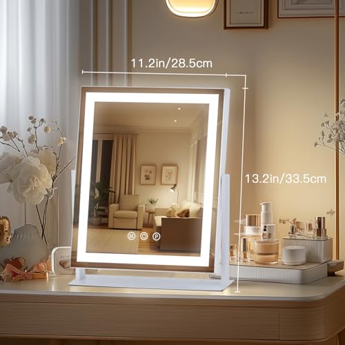 Homtang 13.2 x 11.2 Inch Lighted Makeup Mirror with Touch Control & 3 Color Modes