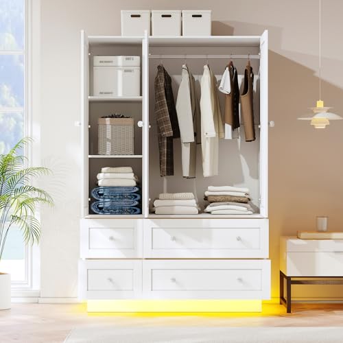 3-Door Bedroom Wardrobe Closet with Mirror, LED Lights and 4 Drawers, White