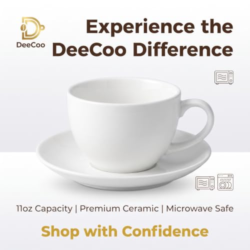 DeeCoo White 11 oz Ceramic Coffee Mug with Saucer - Large Tea, Espresso, Latte Cup