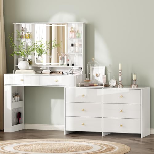 Makeup Vanity Desk with Lighted Mirror, 8 Drawers and Power Outlet, White