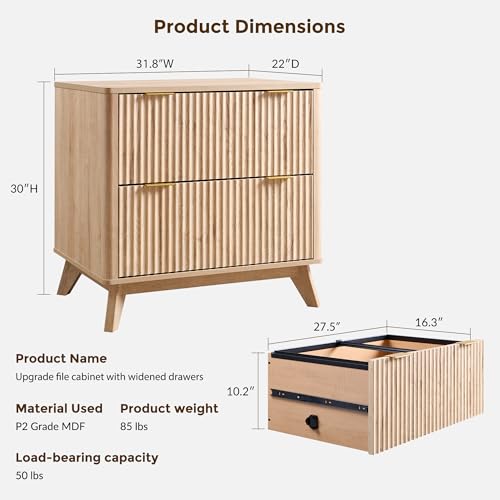 31.8-Inch Fluted 2-Drawer Lateral File Cabinet, Natural Oak Wood Office Storage