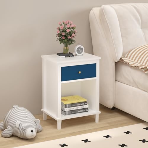 Modern Wooden Nightstand with Drawer and Shelf, White Bedside Table