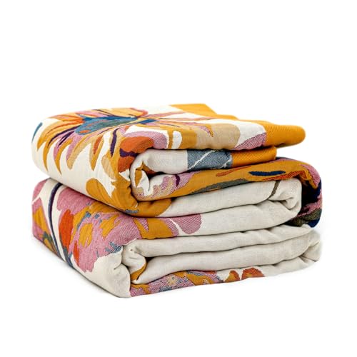 Boho 100% Cotton Throw Blanket 60"x80" - Reversible Floral Jacquard