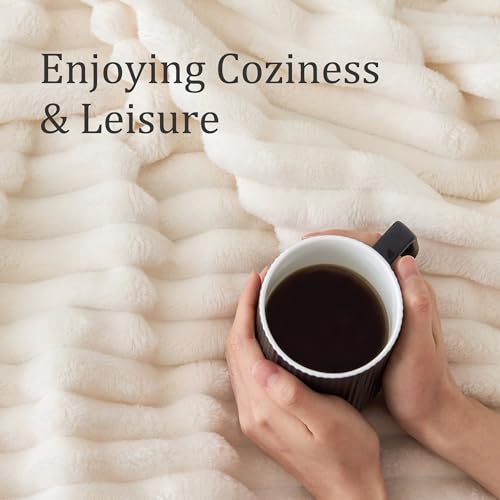 BEDELITE Ribbed Fleece Throw Blanket Cream 50"x60" Cozy Soft
