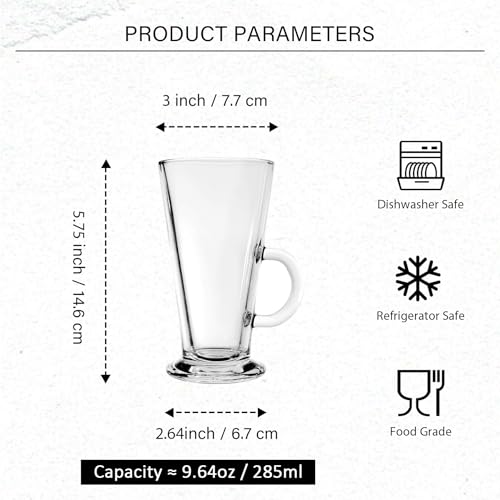 Classic Irish Coffee Mugs Set of 6 - 9oz Tall Glass Latte Cups with Handle