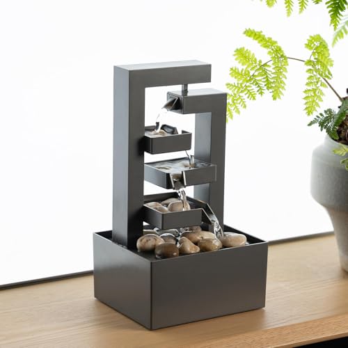 3-Tier Desktop Waterfall Fountain with LED Lights and Natural River Stones