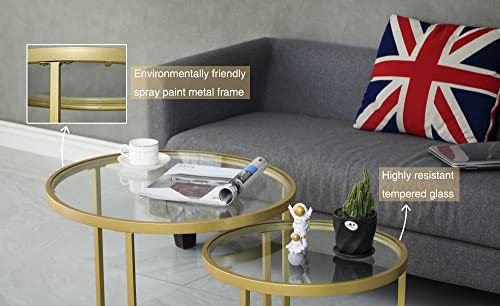 Round Nesting Coffee Table Set of 2, Modern Gold Metal and Tempered Glass