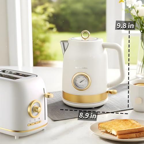 Retro Electric Tea Kettle, 1.7L Stainless Steel with Built-in Thermometer