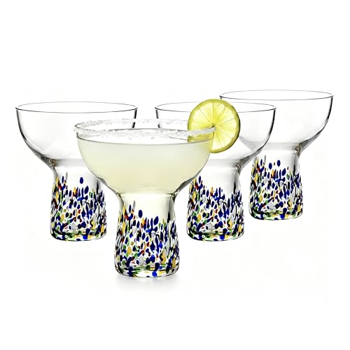Seicasaya Blue Hand Blown Confetti Margarita Glasses Set of 4, 6 Oz Colorful Cocktail Glassware
