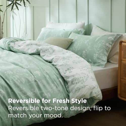 Sage Green Floral Queen Comforter Set - 3-Piece Reversible Bedding