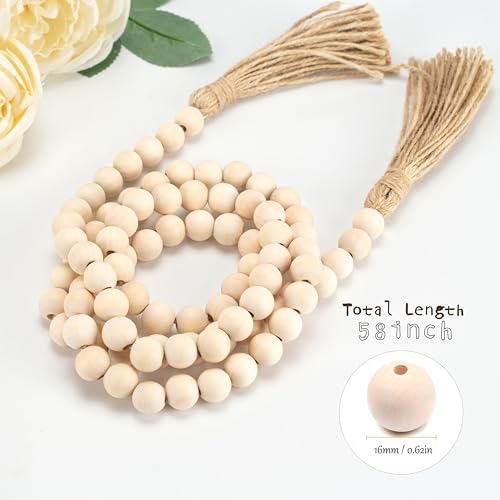 58-Inch Wood Bead Garland with Tassels – Boho Farmhouse Home Decor