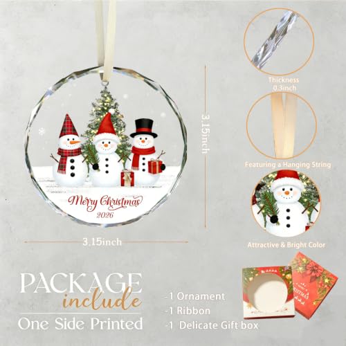 Merry Christmas Snowman Ornament 2026 - Clear Crystal Holiday Tree Decor, Set of 3