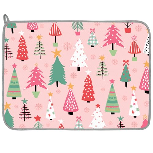 Whaline Christmas Dish Drying Mat Pink Cartoon Xmas Pine Tree
