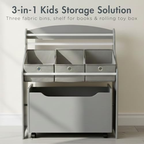 3-in-1 Kids Bookshelf and Rolling Toy Storage Organizer with Fabric Bins