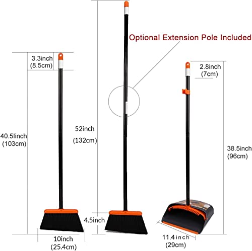 Upright Broom and Dustpan Set with 52-Inch Long Handle & Comb Teeth