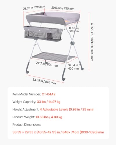 Foldable Baby Changing Table with Storage and Adjustable Height, Gray