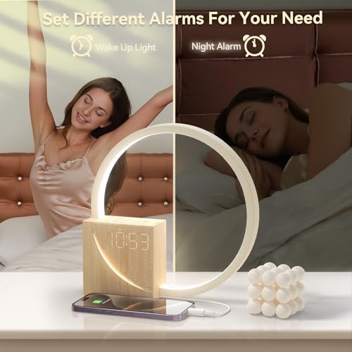 Vivilumens Sunrise Alarm Clock with Sound Machine - Wooden Grain, Dual Alarms, Gentle Wake-Up, USB Charging