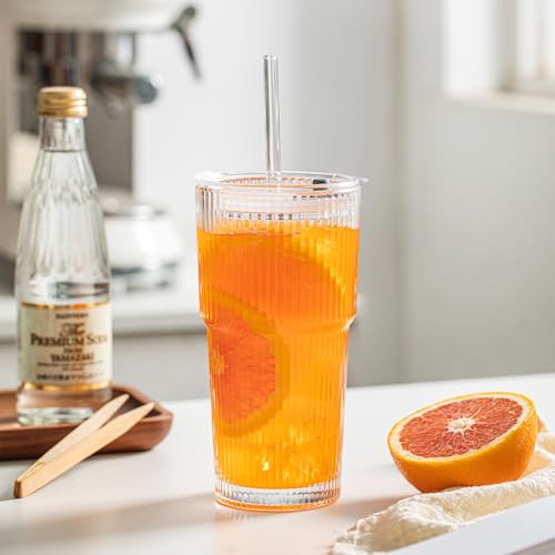 20 oz Ribbed Glass Tumblers with Lids and Straws - 4-Piece Set