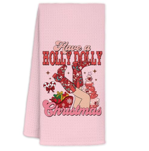 Pink Deep Pink Have a Holly Dolly Cowgirl Christmas Kitchen Towels 16x24 - YTRGI