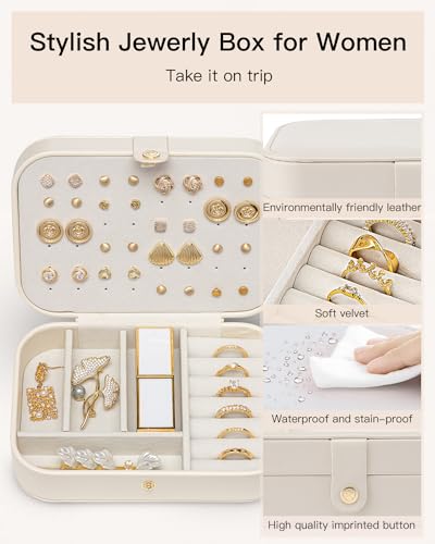 Compact Travel Jewelry Box Organizer, Double-Layer PU Leather Case - Beige