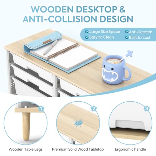 12-Drawer Storage Cabinet with Wooden Top and Rolling Bins, White