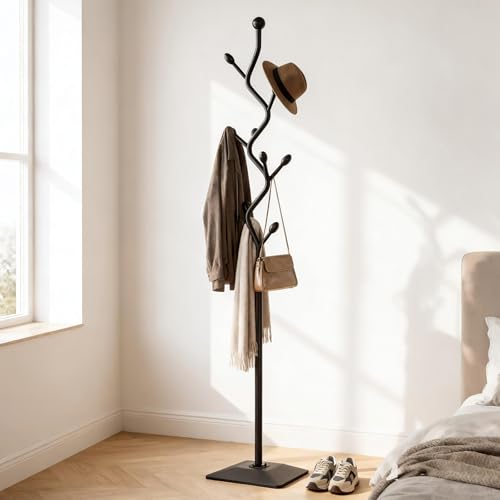Tree-Shaped Metal Coat Rack with 8 Hooks and Weighted Cast Iron Base