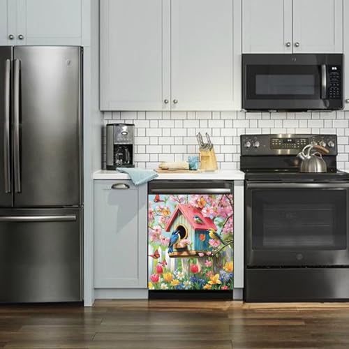 Garden Bluebird and Birdhouse Dishwasher Magnet Cover 23" x 26" Spring Kitchen Decor