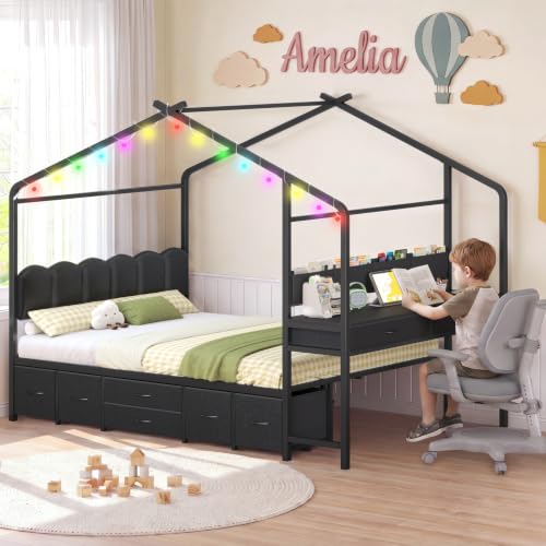 Full Size House Bed with Desk and 8 Storage Drawers, Metal Frame