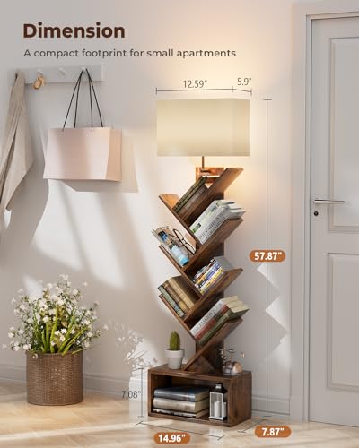 6-Tier Tree Bookshelf with Adjustable LED Lighting, Rustic Brown