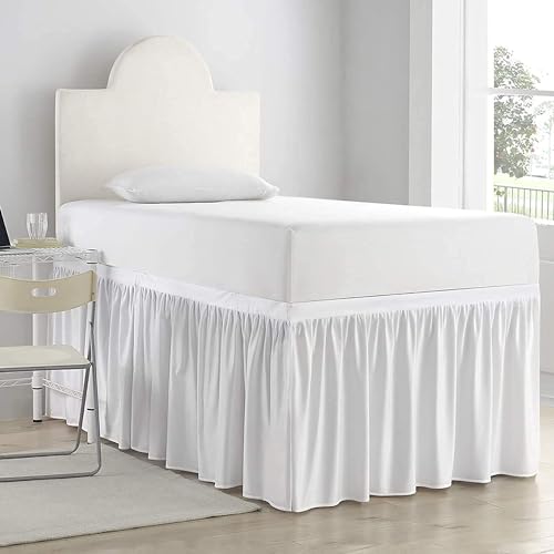 Twin XL Dorm Bed Skirt - 32 Inch Drop White Microfiber Ruffled Bedskirt
