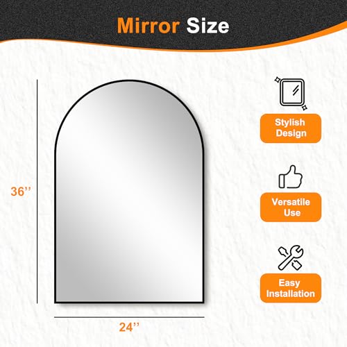 24x36 Arched Wall Mirror, Black Brushed Metal Frame Vanity Mirror