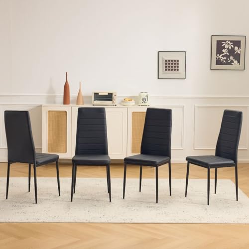 Black PU Leather Dining Chairs Set of 4 - Ergonomic High Back Kitchen Chairs