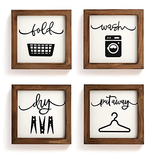 Rustic Farmhouse Laundry Room Wall Decor, Set of 4 Wooden Signs 8x8 Inch