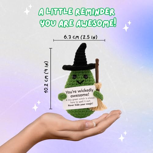 Handmade Crochet Witch Figurine with Broomstick - Motivational Desk Decor