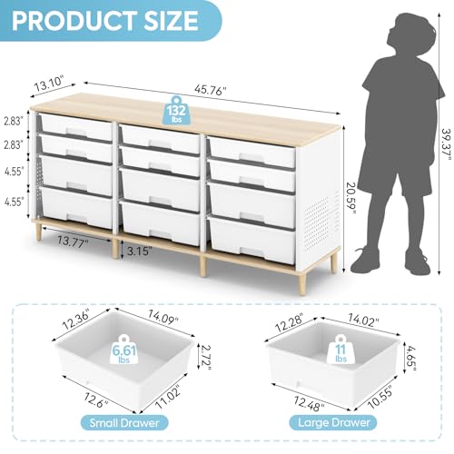 12-Drawer Storage Cabinet with Wooden Top and Rolling Bins, White