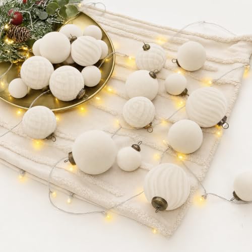 Velvet Christmas Ornaments Set 36pcs Beig e Mixed Flocked Balls Shatterproof for Tree Holiday Decor
