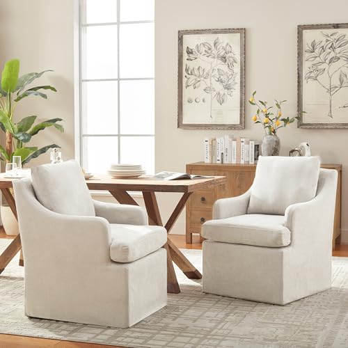 Upholstered Rolling Dining Chairs with Armrests - Set of 2, Cream