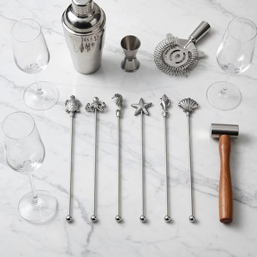 Homestia Ocean Series 6-Piece 7.5'' Metal Coffee & Drink Stir Sticks with Animal Tops