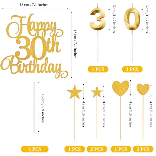 30th Birthday Cake Topper and Numeral Candle Set - Gold Glitter Decor