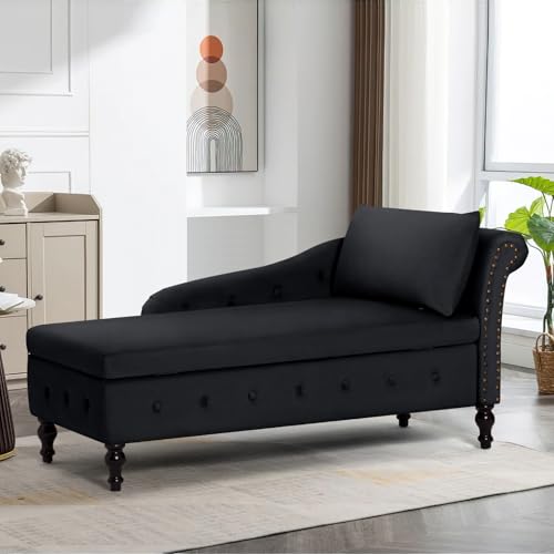 Velvet Chaise Lounge with Storage and Right Armrest, Black Tufted Sofa