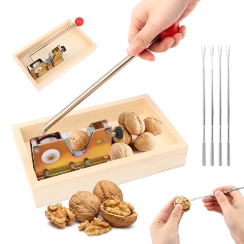 Heavy Duty Nut Cracker Set with Wooden Base & 4 Stainless Steel Picks - Adjustable Lever Nutcracker for All Nuts