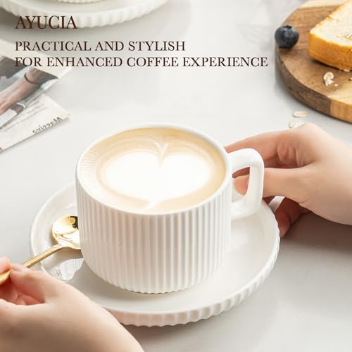 AYUCIA White Cream 8oz Cappuccino Cups Set of 4 with Saucers & Spoons