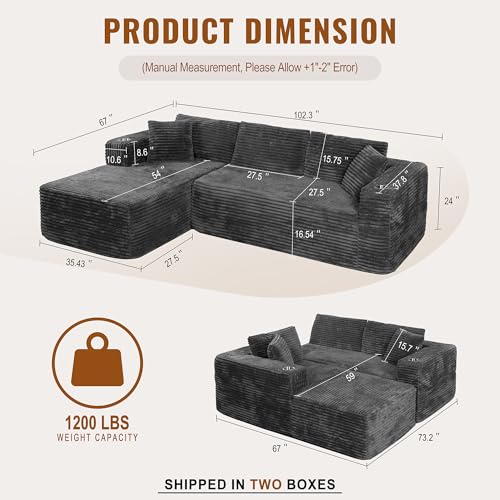 103-inch Modular L-Shaped Sectional Sofa with Cup Holders, Dark Gray Corduroy