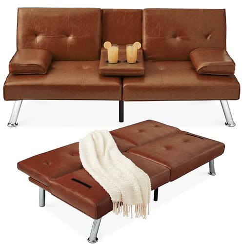 Modern Convertible Faux Leather Futon Sofa Bed with Cupholders