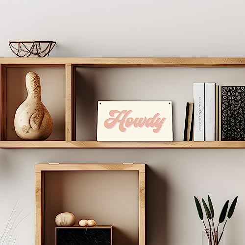 Retro Howdy Wooden Wall Sign - Pink and Beige Boho Hanging Plaque, 12x6"