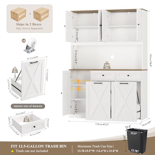 71" Kitchen Pantry Cabinet with Double Pull-Out Trash Can Storage, Farmhouse