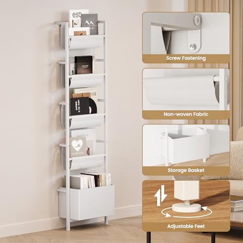 5-Tier Wall Mounted Kids Bookshelf with Storage Bin, Slim Ladder Shelf