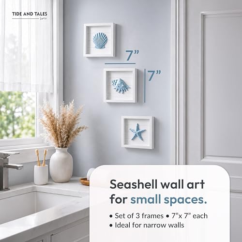 3D Coastal Wall Art Set, Textured Seashell Decor for Bathroom, 7" x 7"